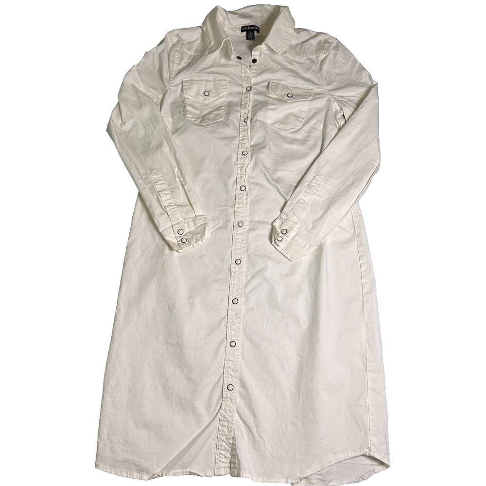 Nina Leonard Shirt Dress Womens S White Pearl Snap Western Base Layer Minimalist - Picture 3 of 8